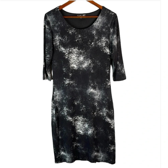 SMASHED LEMON Black Splatter Print Sheath Dress 1/2 Sleeve Midi Cosmic Space 8 - Picture 2 of 9